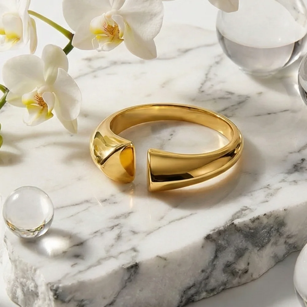 18k Gold Plated 316L SS Open Cuff Ring Adjustable Sculptural Gold Adj 7-9